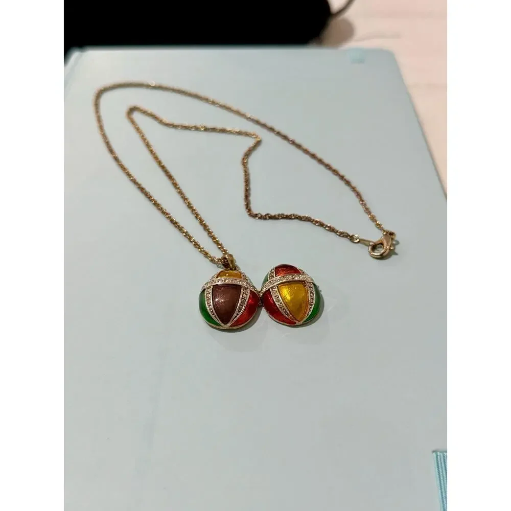 Vintage Joan Rivers Faberge Style Egg Locket Necklace • Gold Tone • Crystal Acc